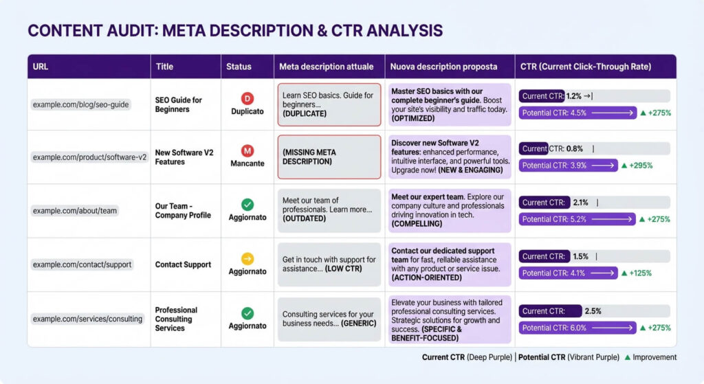 audit meta description con pagine mancanti e duplicate e priorità basate su CTR