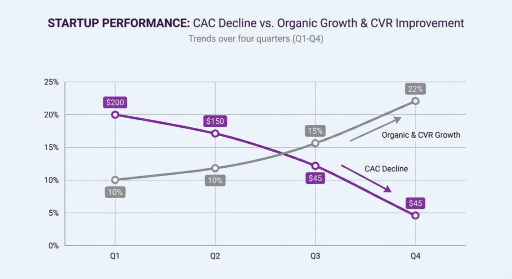 andamento CAC nel tempo integrando SEO e campagne search in una startup