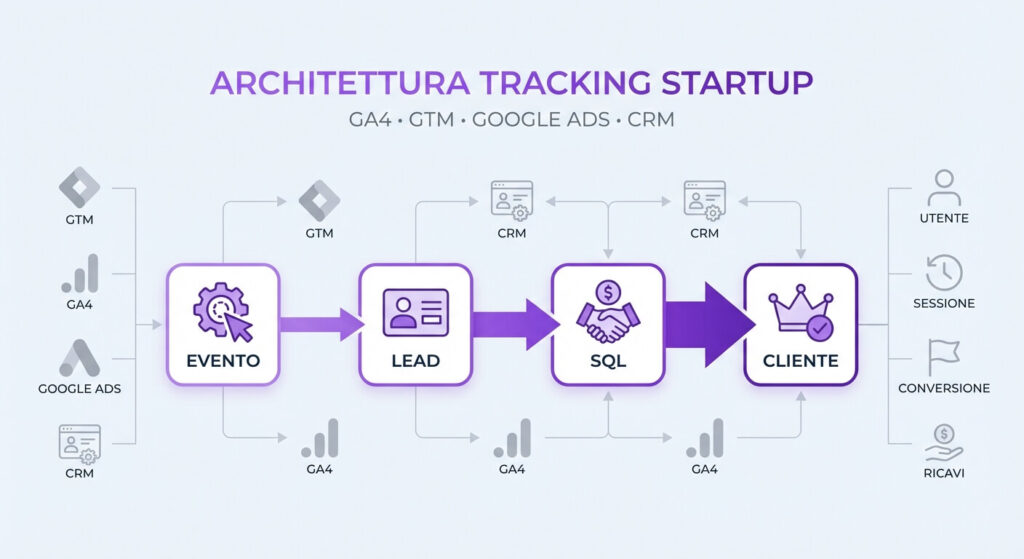 architettura di tracking end-to-end di una startup per misurare lead e vendite da SEO e campagne a pagamento