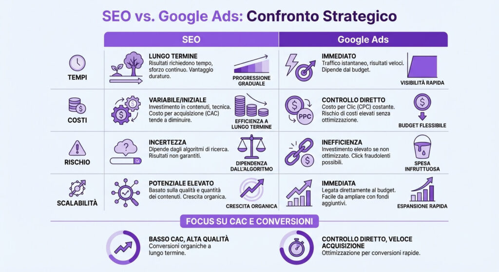 schema decisionale per bilanciare e confrontare SEO e campagne Google Ads in una startup