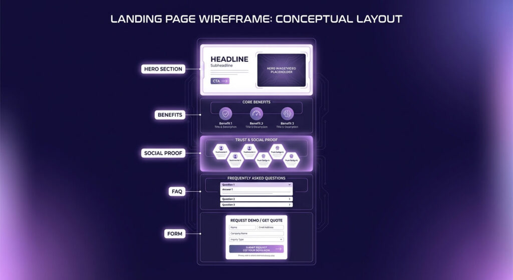 Wireframe landing transazionale per richiesta demo o preventivo