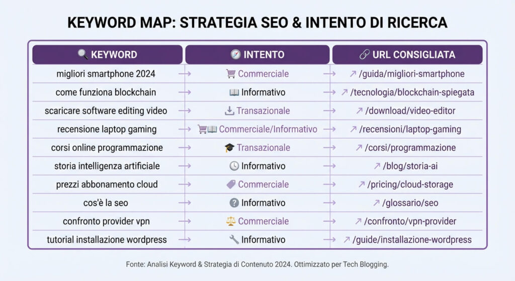 Keyword map: intento di ricerca e pagina da posizionare