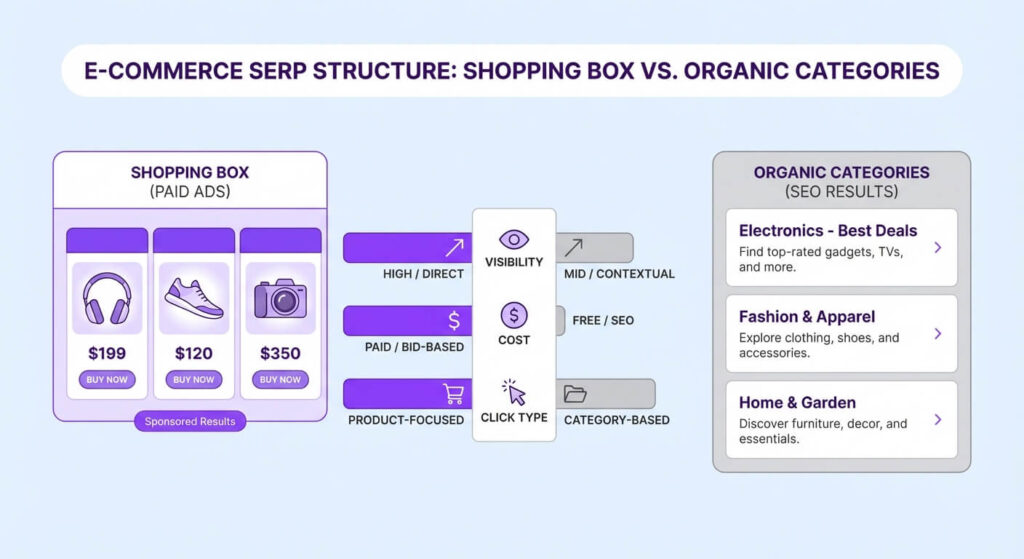 SERP e-commerce transazionale con Shopping e pagine categoria