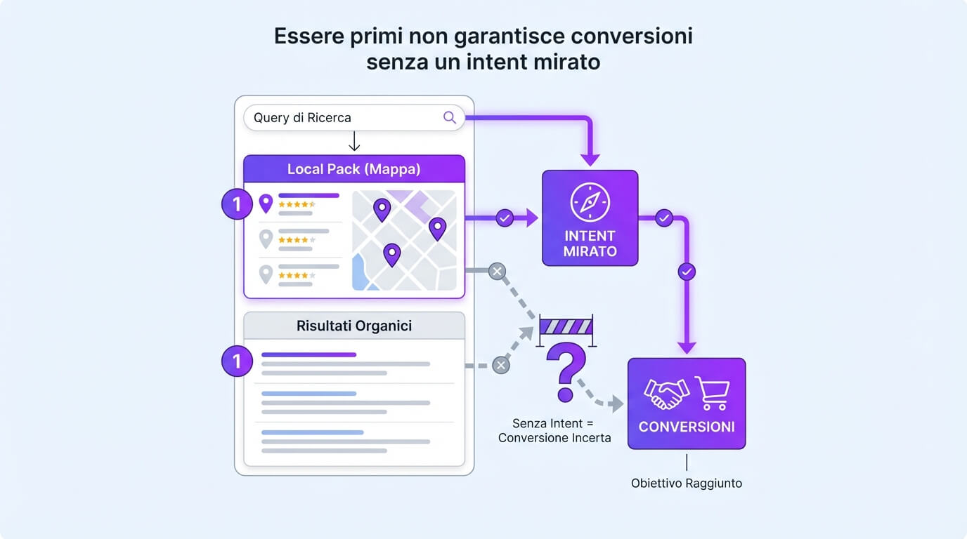 SUGGERIMENTO IMMAGINE: SERP con Local Pack e risultati organici: perché essere primi non basta senza intent e conversioni