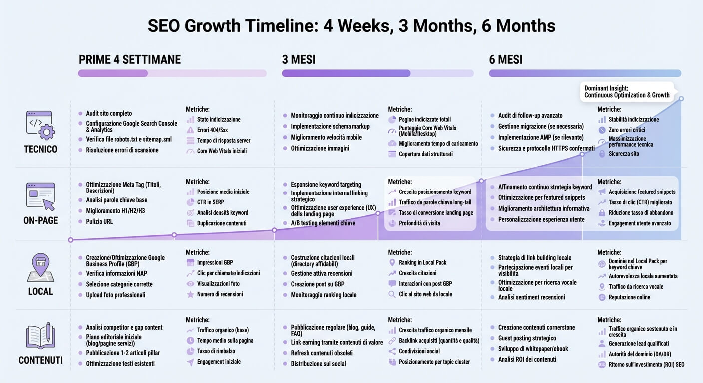 Timeline realistica SEO: attività e risultati attesi nei primi 30 giorni, 3 mesi e 6 mesi