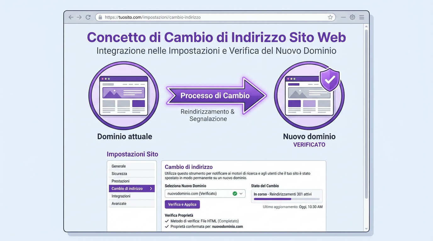 Impostazioni Search Console con opzione Cambio di indirizzo e nuova proprietà verificata