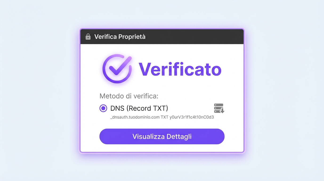 Verifica proprietà in Search Console con metodo DNS e conferma verificata