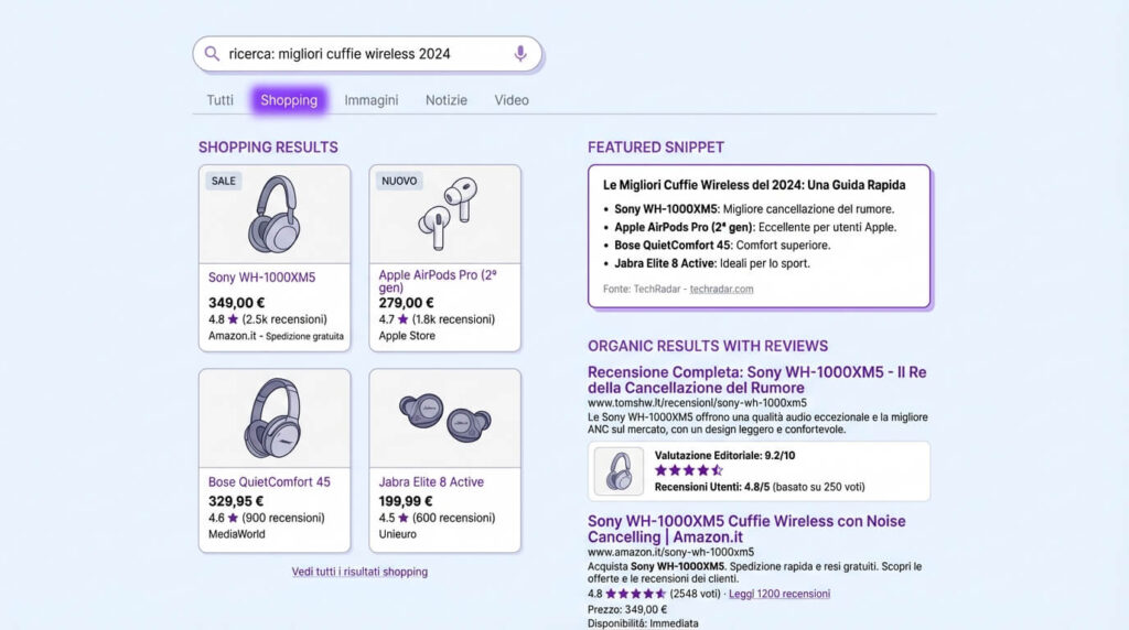 Esempio di SERP per query commerciale con risultati shopping e snippet